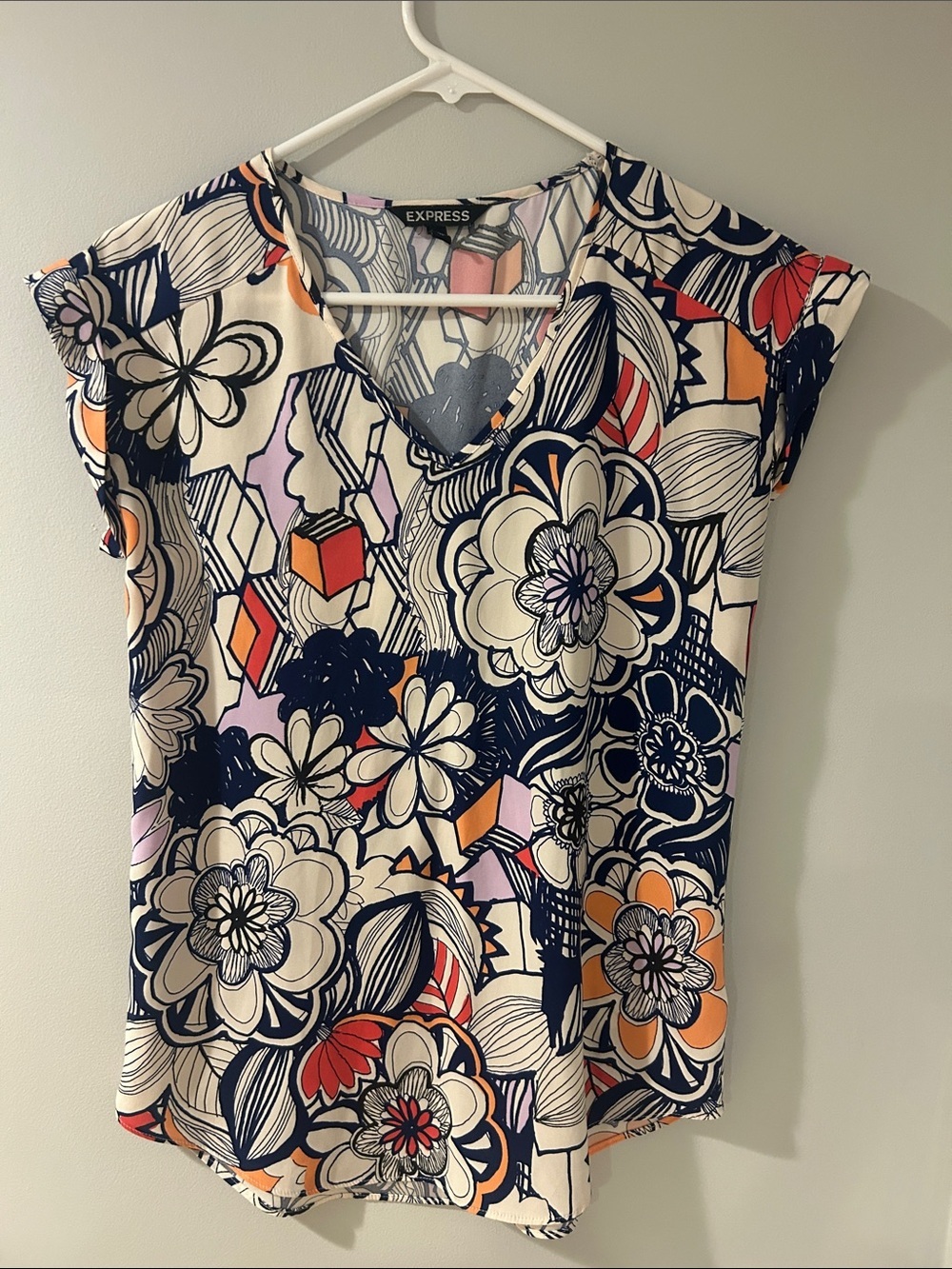 Express Floral V-Neck Blouse in Navy, Cream, Orange and Pink
